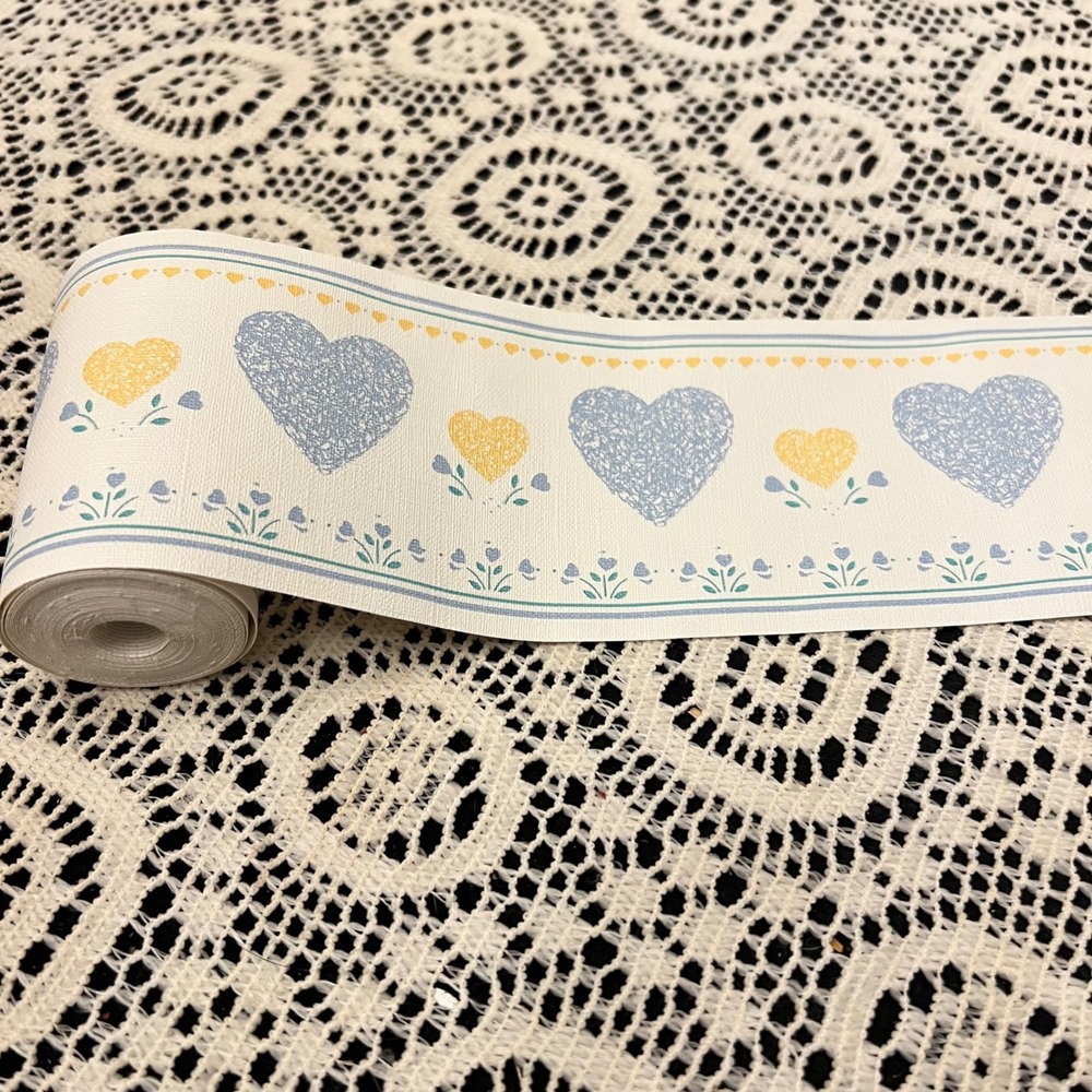 Vintage Wallpaper Border Hearts Blue Yellow | 1 Full Roll | Cottage - Picture 2 of 4